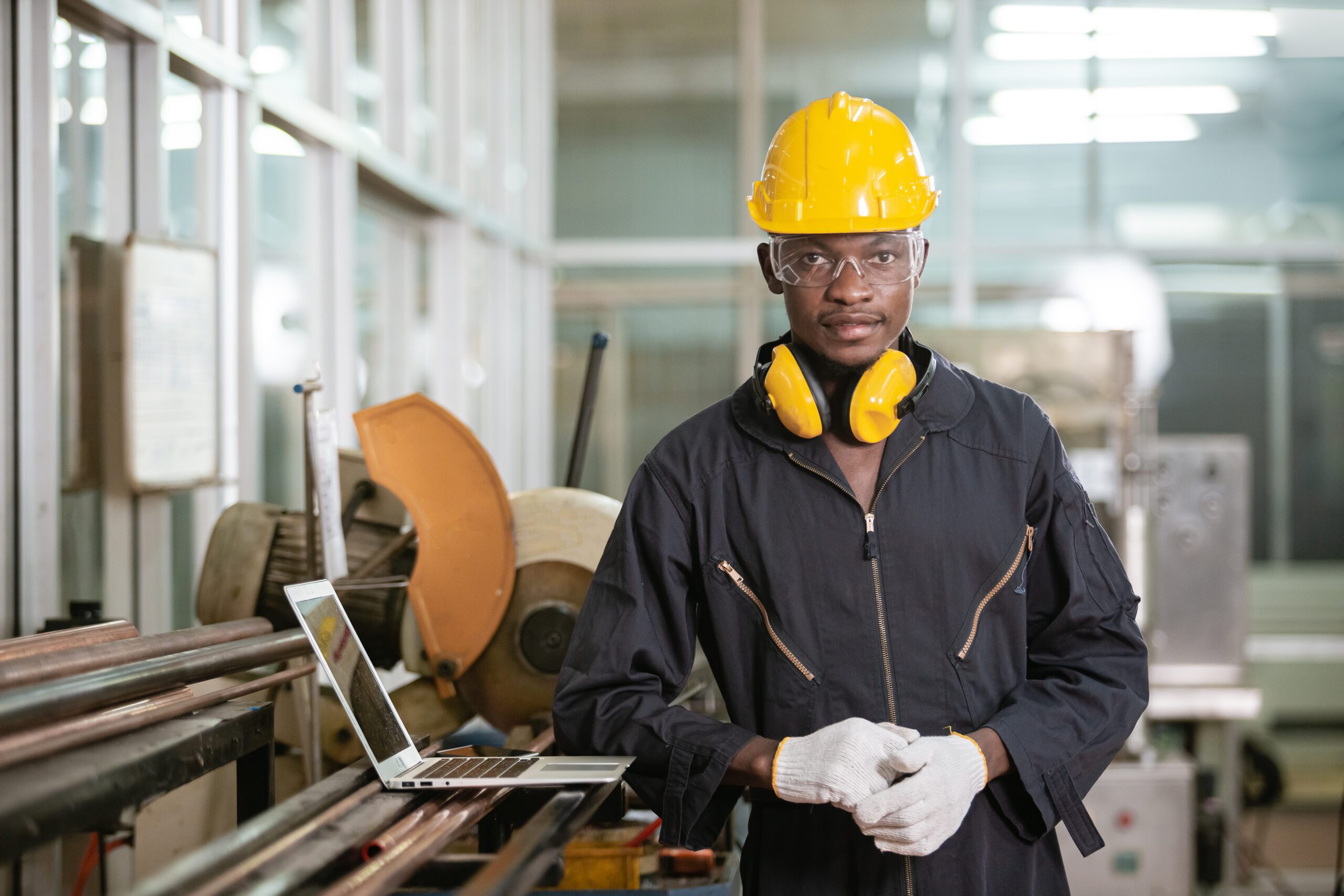 Portrait of black male african american workers wear sound proof